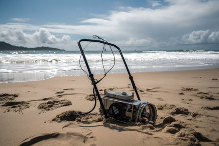 metal detector lying on beach with the waves in the background, created with generative aiの素材