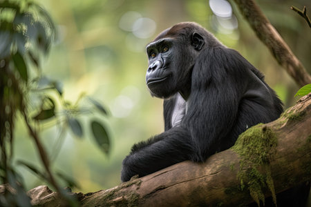 gorilla sitting on tree branch, observing the forest below, created with generative aiの素材