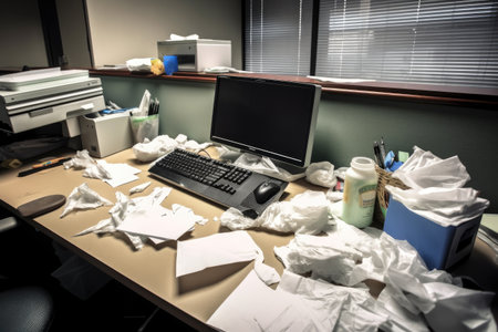 worn and torn tissues littering an office desk, with nasal spray nearby, created with generative aiの素材