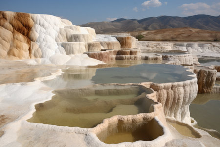 travertine formation, with smooth and shiny surfaces, in natural hot spring, created with generative aiの素材