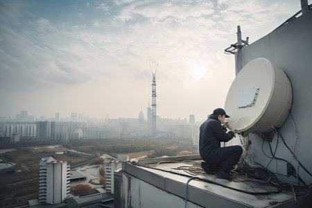 a technician is installing a satellite system on the roof of a modern office building, with the city skyline visible in the background, created with generative aiの素材