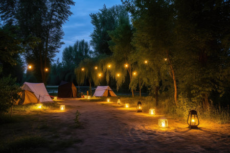 campsite with lanterns and warm lights, providing a cozy and inviting atmosphere, created with generative aiの素材