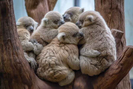 group of koalas in a tree, hugging each other and hanging on with their claws, created with generative aiの素材