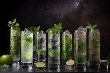 tower of mojito cocktails, each glass different and unique, created with generative aiの素材