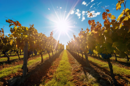 vineyard with rows of grapevines, surrounded by autumn sun and blue sky, created with generative aiの素材