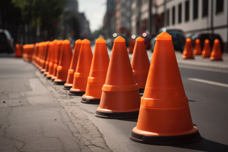 traffic cones, lined up in a row on busy street, created with generative aiの素材