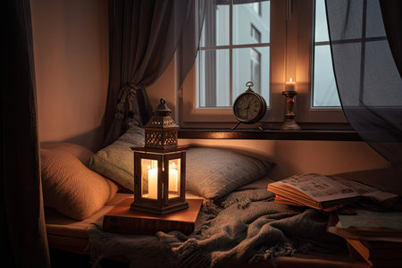 cozy reading nook with soft blankets and lantern, and book on pillow, created with generative aiの素材