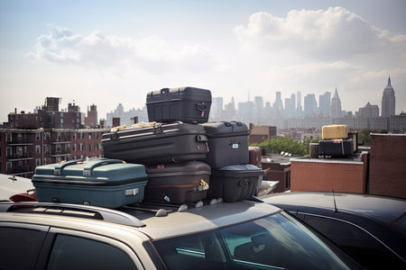 suitcases on car roof, with view of busy cityscape, created with generative aiの素材