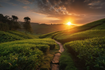 sunset over tea plantation, with clouds and sky in the background, created with generative aiの素材