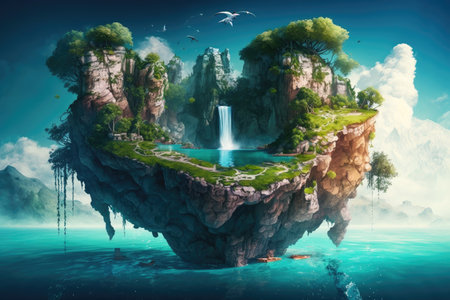 a surreal floating island with a hidden lagoon, surrounded by luscious greenery and waterfalls., created with generative aiの素材