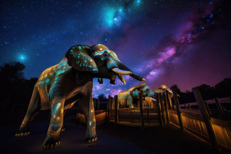 a zoo with a cosmic theme, featuring majestic creatures of the universe, created with generative aiの素材