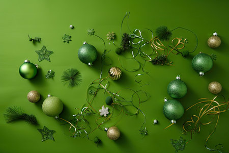 delightful ornaments and decorations on a simple green background, created with generative aiの素材
