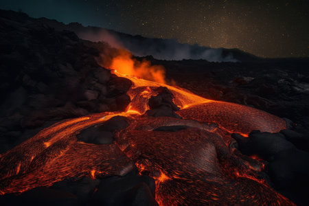 lava flow cascading down the side of a volcano, with orange and red flames visible in the night sky, created with generative aiの素材