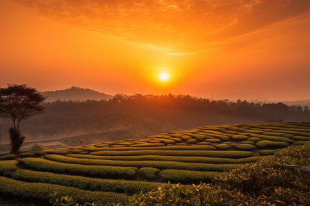 tea plantation sunset, with orange and yellow hues shining through the sky, created with generative aiの素材
