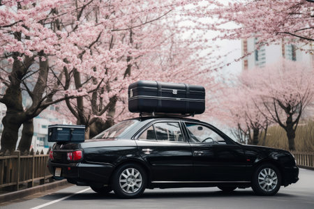 a black car with luggage on the roof and a blooming cherry blossom in the background, created with generative aiの素材