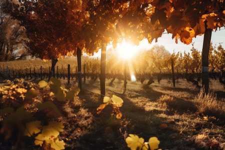 vineyard surrounded by golden sun rays shining through the autumn leaves, created with generative aiの素材