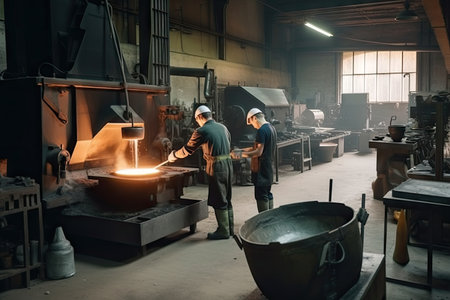 foundry workshop, with team of craftsmen and machinery producing precision metal parts, created with generative aiの素材