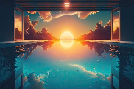 swimming pool with underwater view of sun setting into the horizon, created with generative aiの素材