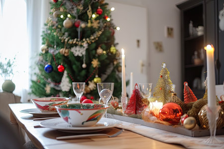 a festive table, with a christmas tree in the background and colorful ornaments decorating the tabletop, created with generative aiの素材