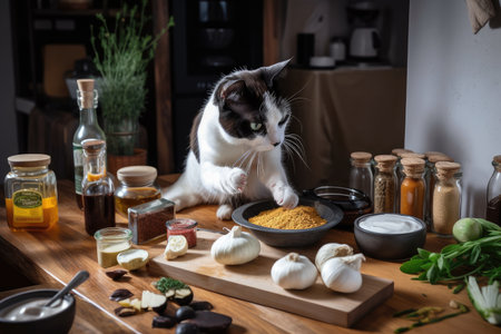 cat chef preparing lunch for a busy day, with ingredients and spices nearby, created with generative aiの素材