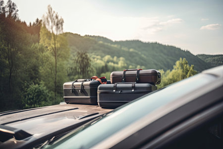 suitcases and travel bags on car roof, with view of serene forest in the background, created with generative aiの素材
