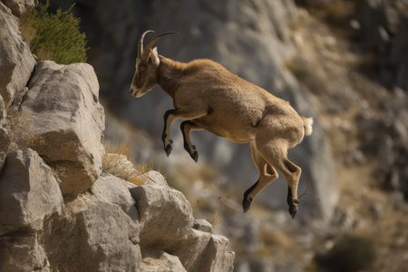 ibex jumping off cliffside, showing off its impressive leaping skills, created with generative aiの素材