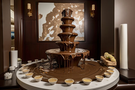 chocolate fountain flowing into pool of melted chocolate, surrounded by plush towels, created with generative aiの素材