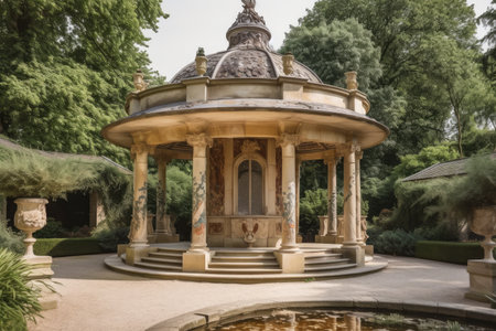 classical pavillion in picturesque garden with fountains and statues, created with generative aiの素材