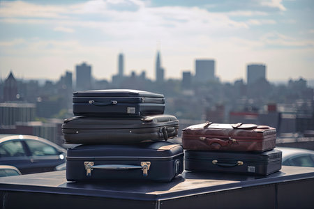 close-up of suitcases on car roof, with view of city skyline in the background, created with generative aiの素材