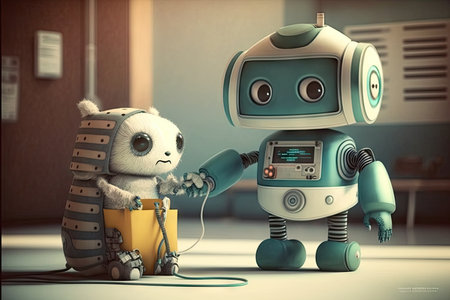 cute robot assisting doctor with check-up of patient in hospital, created with generative aiの素材
