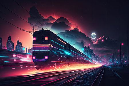 neon night city crossing with speeding train, creating a unique and dramatic scene, created with generative aiの素材