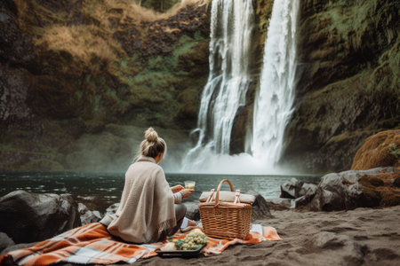 person, enjoying picnic in front of scenic waterfall with basket and blanket, created with generative aiの素材