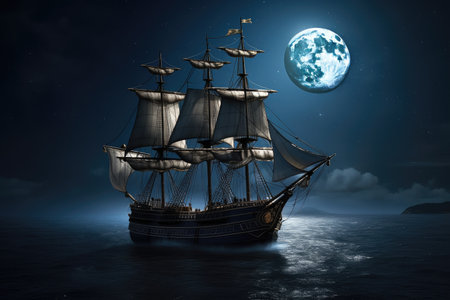 pirate ship sailing on moonlit night, with the full moon shining down, created with generative aiの素材