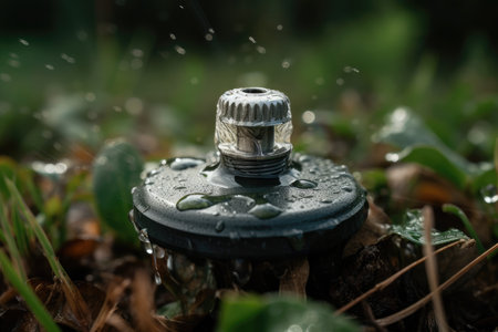 close-up of sprinkler head, with droplets of water visible, created with generative aiの素材