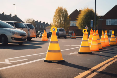 school crossing, with cones and signage helping students safely cross the street, created with generative aiの素材