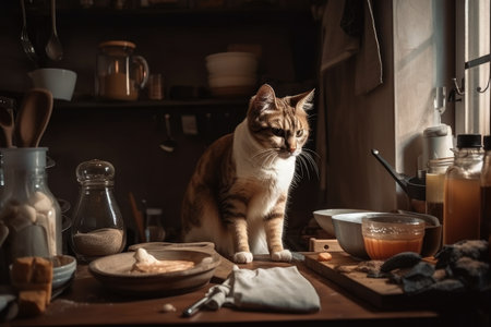 cat chef preparing dinner for friends and family in cozy kitchen, created with generative aiの素材