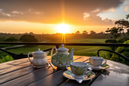 teapot and teacups on wooden table, with view of sunset over plantation, created with generative aiの素材