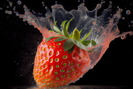 juicy strawberry, with droplets of water flying in the air, created with generative aiの素材