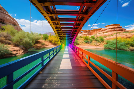 vibrantly colored rainbow bridge connecting two distant lands, created with generative aiの素材