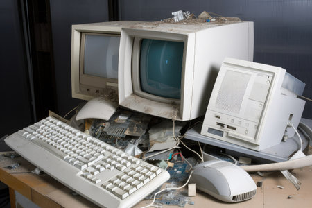 computer monitor being recycled, with broken parts removed and safely disposed of, created with generative aiの素材
