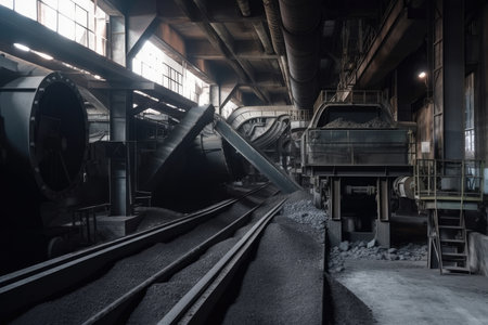 extraction and processing of ore in mining factory, with conveyor belts and machines, created with generative aiの素材