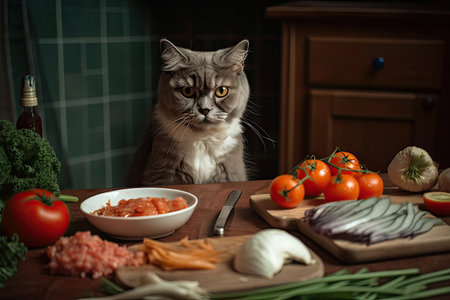 cat chef preparing delicious meal of fish and vegetables, created with generative aiの素材