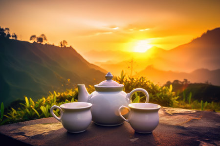 teapot and cups surrounded by a colorful sunset in tea plantation, created with generative aiの素材