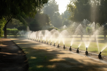 sprinkler system with multiple nozzles providing different patterns of water, created with generative aiの素材