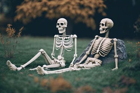 dressed in fashionable clothes skeletons relax on grass, created with generative aiの素材