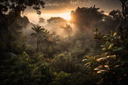 smoky jungle, with view of sunrise over the horizon, illuminating the scene in brilliant colors, created with generative aiの素材