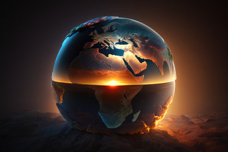 a stunning sunrise over a globe, with rays of light illuminating the continents., created with generative aiの素材