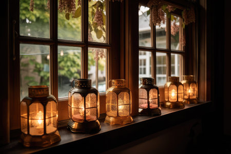 a row of lanterns filling the window and creating a warm, welcoming light, created with generative aiの素材