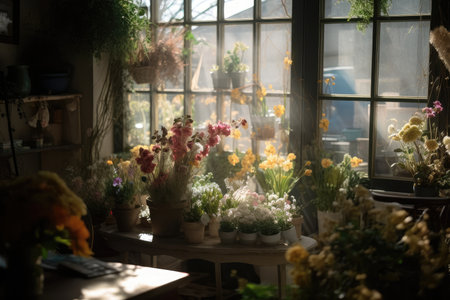 relaxing day at flower shop, with sunlight streaming in and birds chirping outside, created with generative aiの素材