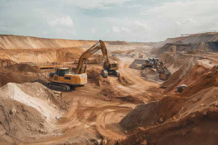 mining and processing operation, with excavators and other heavy equipment moving raw materials, created with generative aiの素材